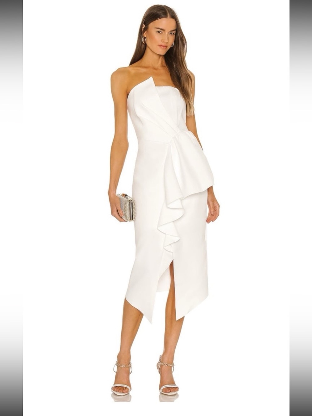 Elliatt Strapless White Ruffle-Front Midi Dress